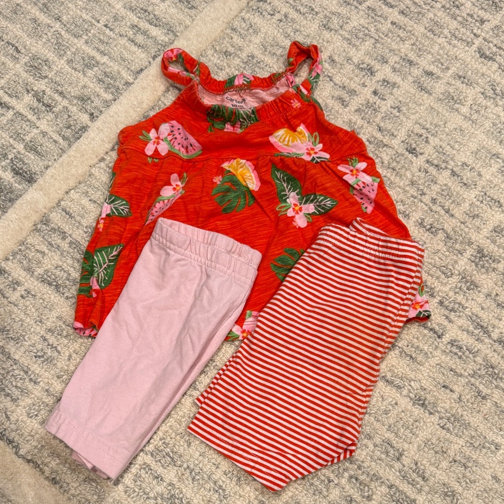 Tropical Floral Red Top with Pink and Red Striped Shorts Set/Bundle